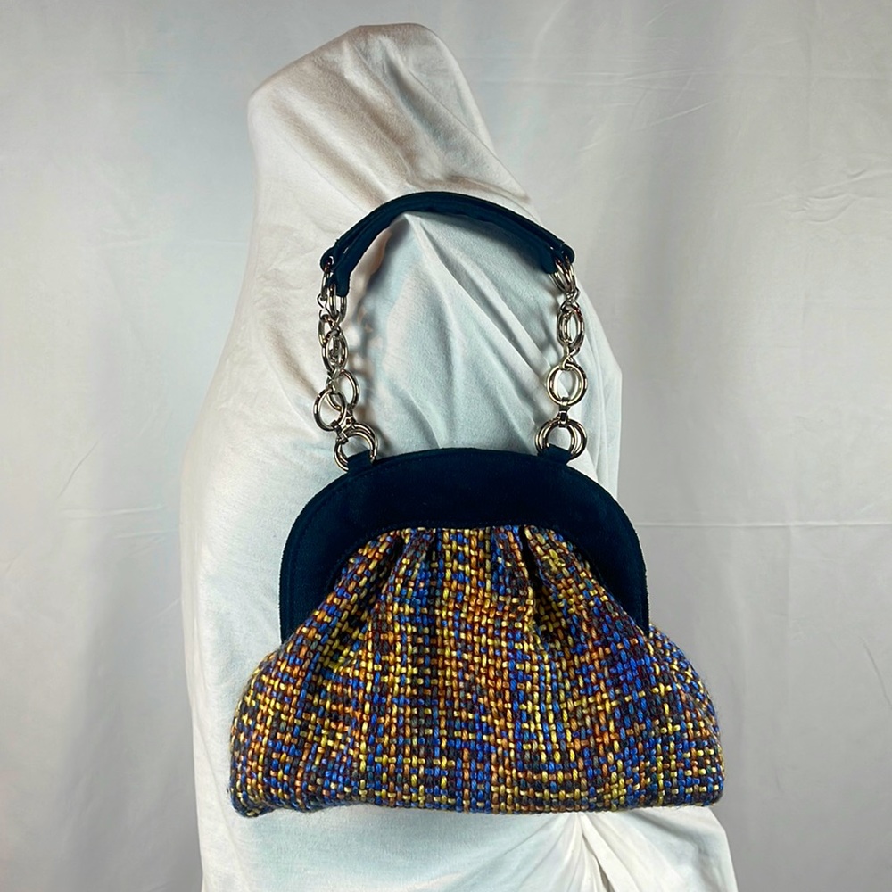 Blue Yellow Loose Weave Mini Handbag Faux Suede Clutch Round Alligator Mouth